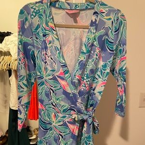 Lilly Pulitzer Karlie Wrap Romper Bennet Blue Celestial Seas Pink
